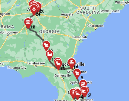Motorhome trip route from Miami to Atlanta